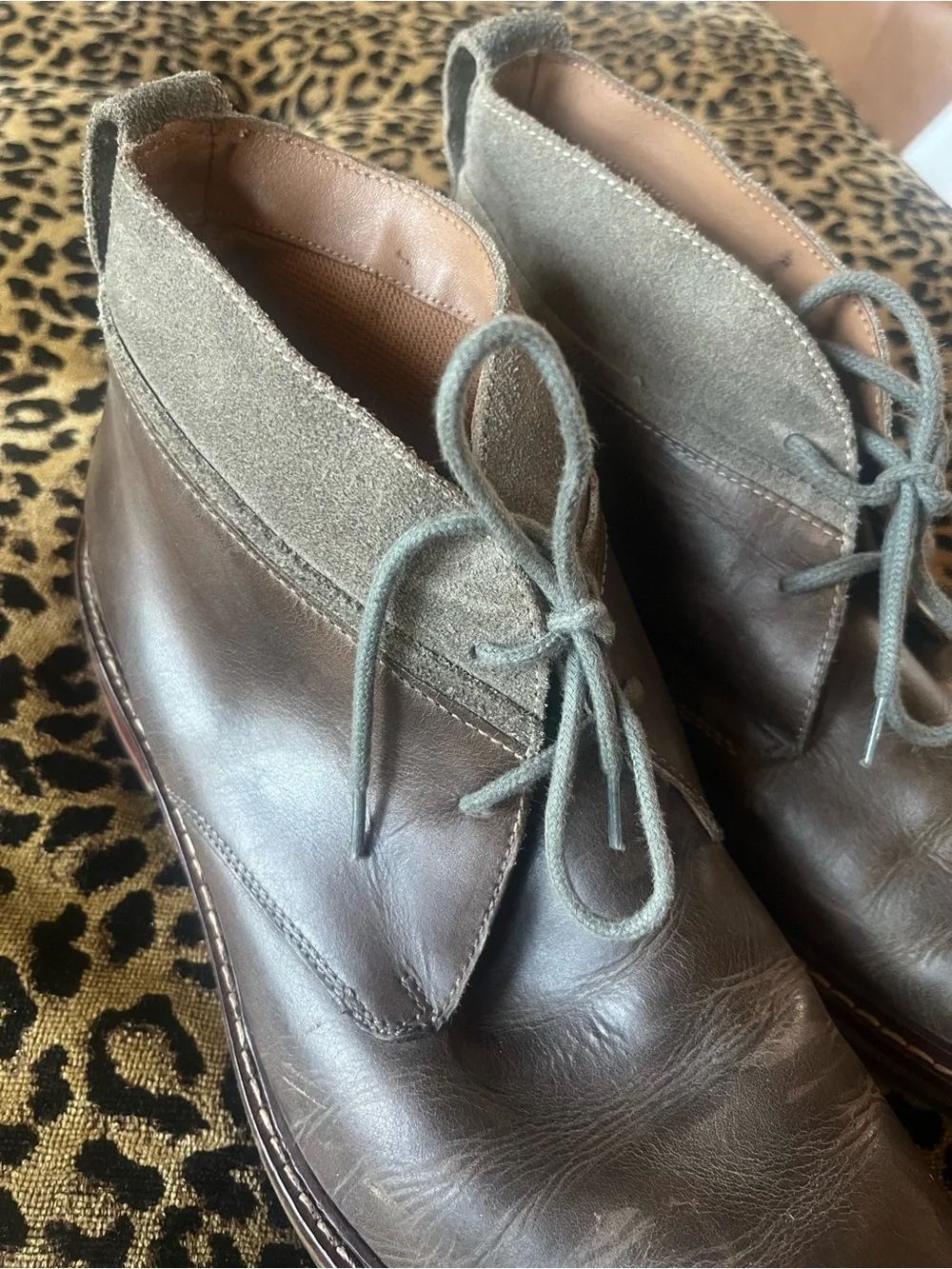Cole Haan Leather Chukka Boots Mens Brown Olive Green Suede top Lace Up SZ 10.5